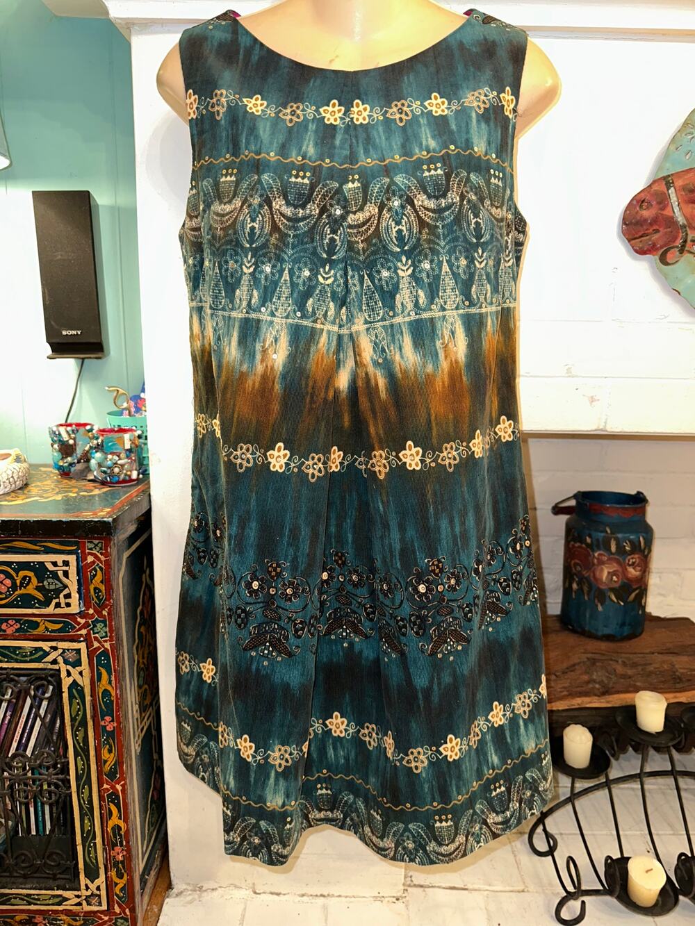 VINTAGE LE SHACK TRACY FEITH PRINT COTTON CORDUROY EMBELLISHED DRESS 6